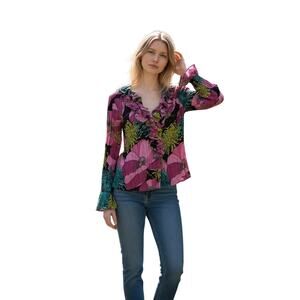 Sunny Leigh Women's Long Sleeve Button Down S M V-Neck Ruffled Placket Y2K